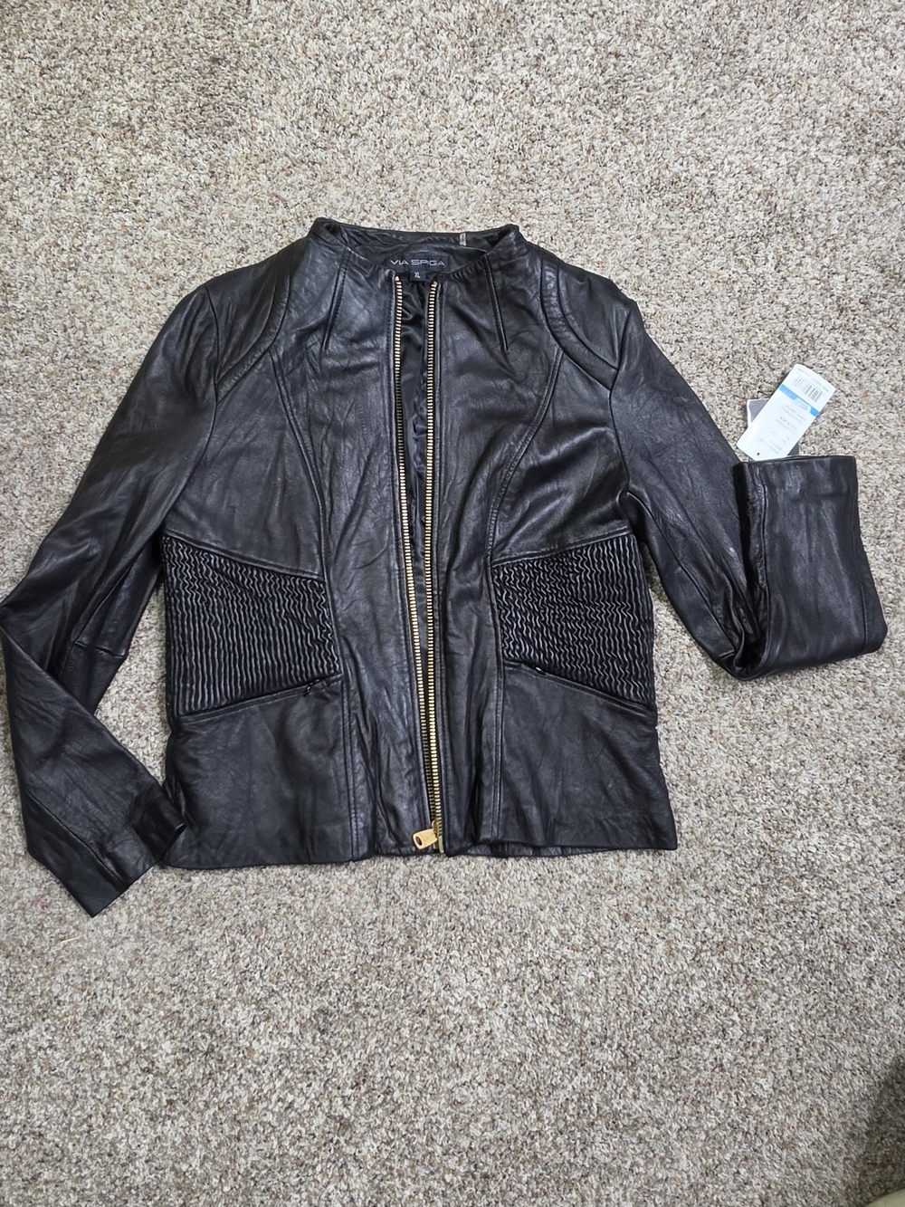 Via Spiga Black Leather Zip-Front Jacket with Textured Side Panels